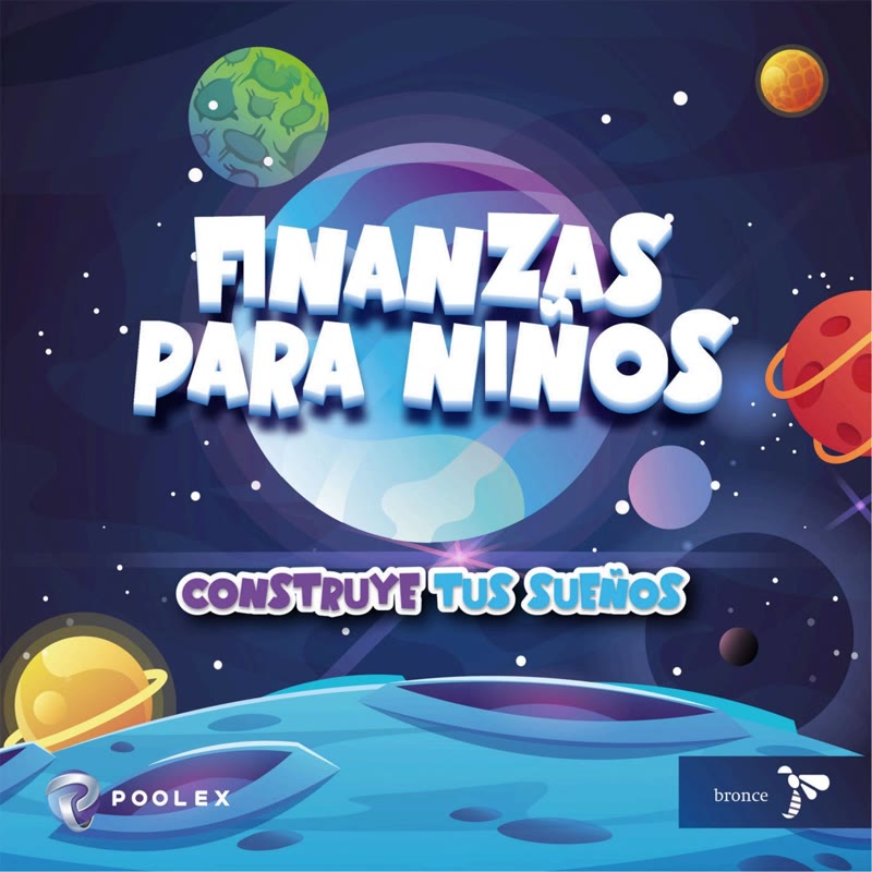 Portada del libro &laquo;Finanzas para niños&raquo;, con el logotipo de Poolex impreso en la esquina inferior izquierda junto al sello editorial Bronce.